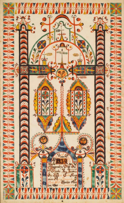 Certificate, Samuel Gottschall (1800-1898), Montgomery County, PA. 1834, watercolor and ink with gum Arabic. Private collection.