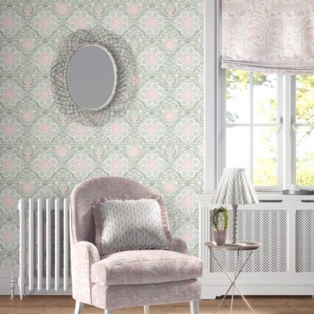 room with wallpaper filigree in smoke green