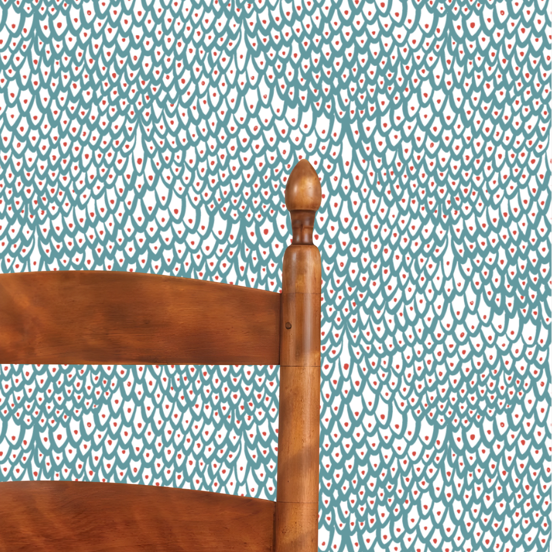 Plume Wallpaper in Smokey Teal with chair