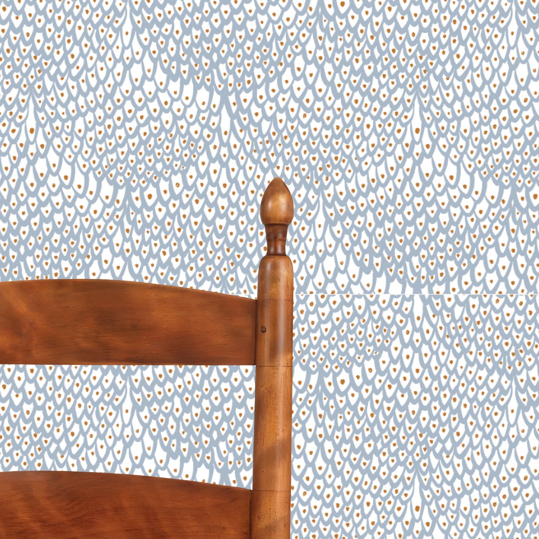 Plume Wallpaper in Light Blue with chair